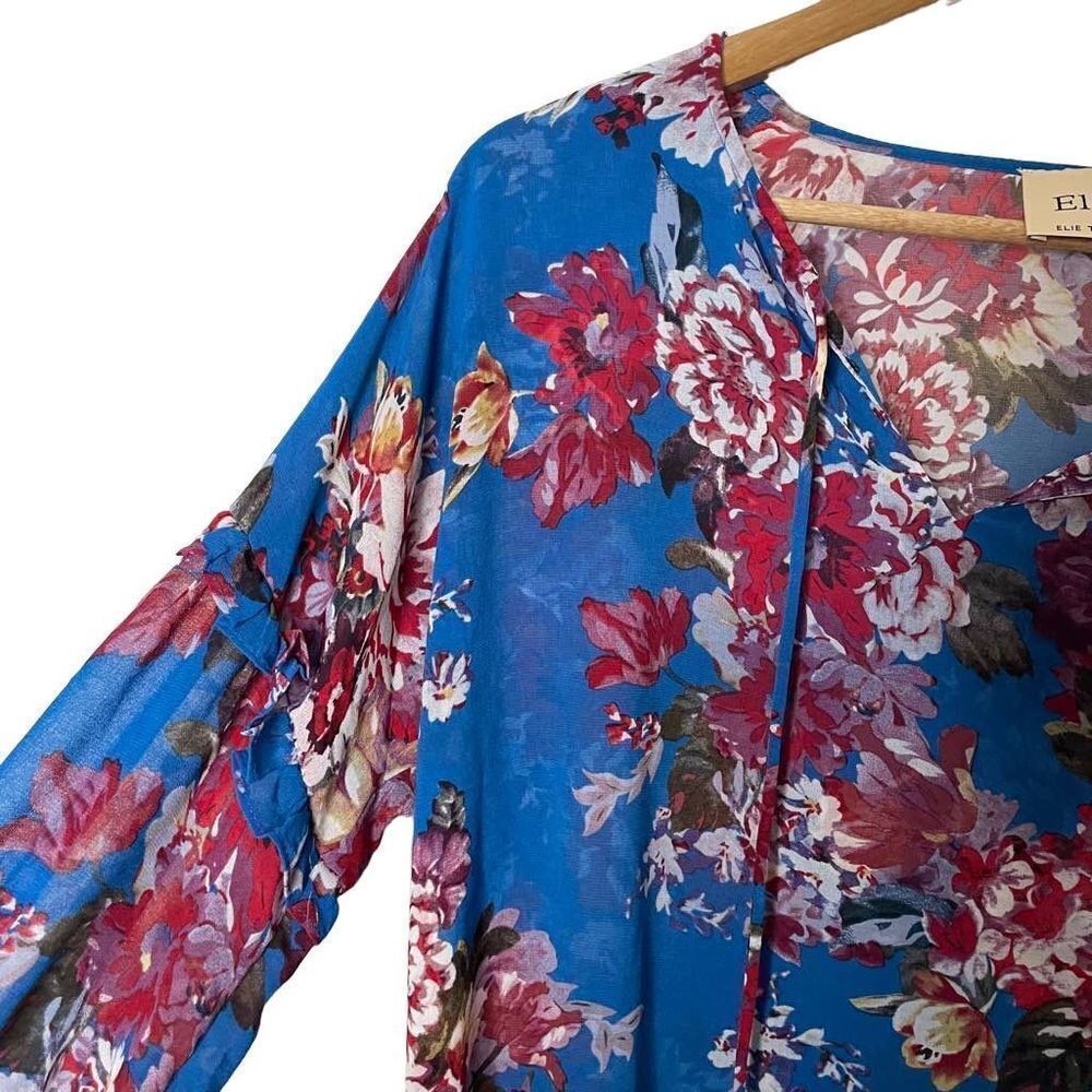 NWT Elie. Tahari Blue Spring Blossom Split Neck‎ Floral Printed Blouse Top S - Picture 2 of 9